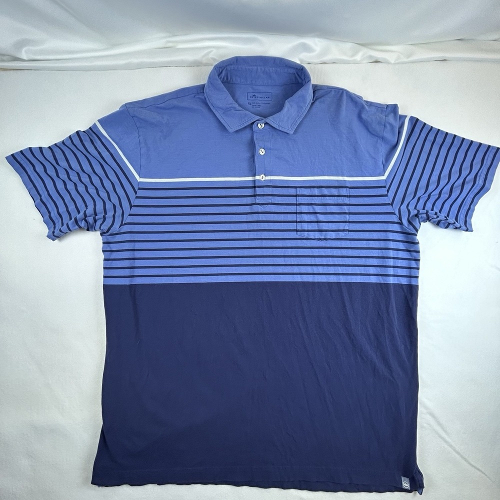 Peter Millar Polo Shirt Mens XL Blue Color Block Stripe Performance Short Sleeve